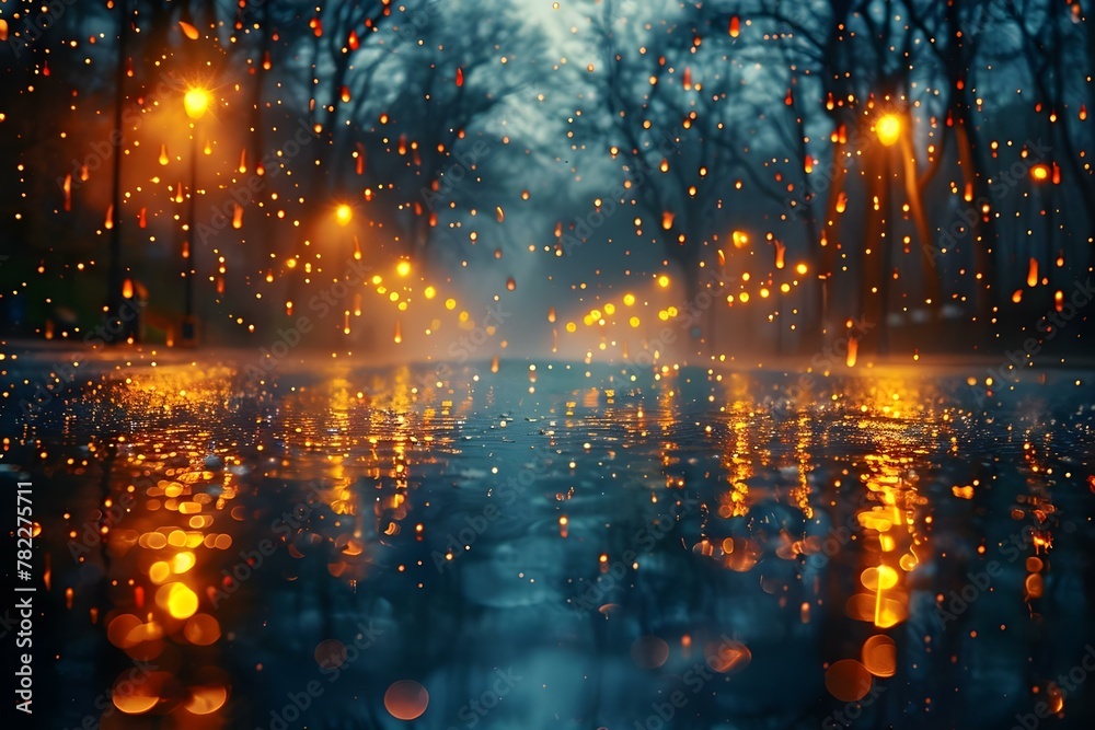 Fototapeta premium Rainy Evening Serenade: City's Luminous Reflections. Concept Rainy Evening, City Lights, Serenade, Luminous Reflections