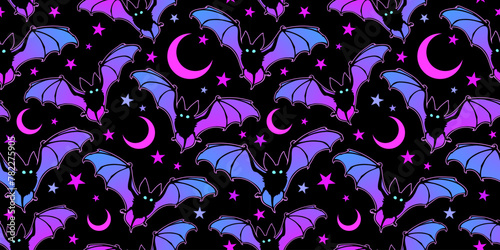 Bright seamless illustration of flying bats on the background of the starry sky