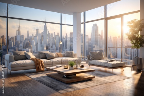 Modern living room interior with city view © Adobe Contributor