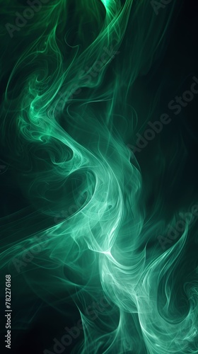Abstract green smoke swirls on black background