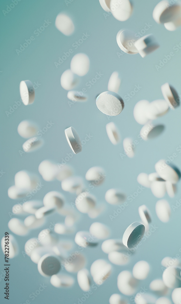 white pills falling on blue background, healthcare and medicine, pharmacy concept white pills falling on blue background, healthcare and medicine, pharmacy concept