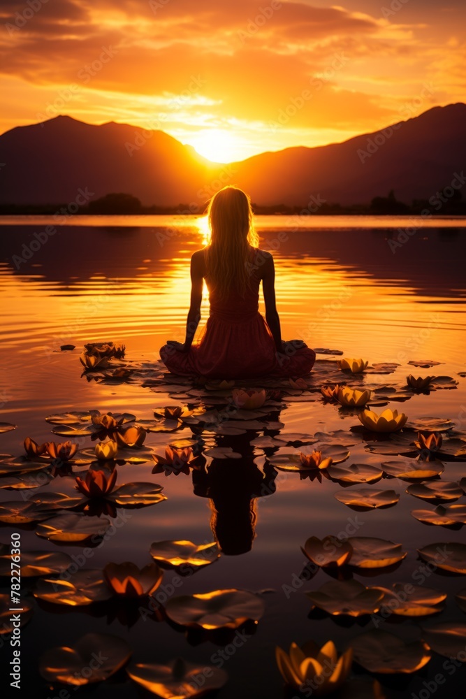 Young woman in red dress sitting on a lotus flower in the middle of a lake during sunset