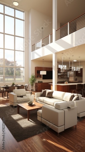 An illustration of a modern living room with a high ceiling and large windows