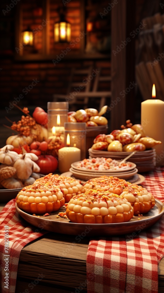 Thanksgiving dinner table with roasted corn, potatoes, pumpkins, and candles