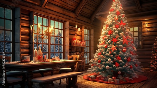 A cozy living room with a decorated Christmas tree and a dining table set for a holiday meal