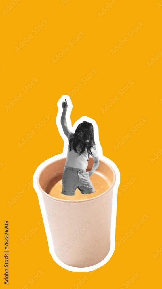 Stop motion. Animation. Active cheerful man standing in a coffee cup isolated over yellow background. Energetic drink. Concept of food, drink, creativity, inspiration. Copy space for ad Stop motion. Animation. Active cheerful man standing in a coffee cup isolated over yellow background. Energetic drink. Concept of food, drink, creativity, inspiration. Copy space for ad