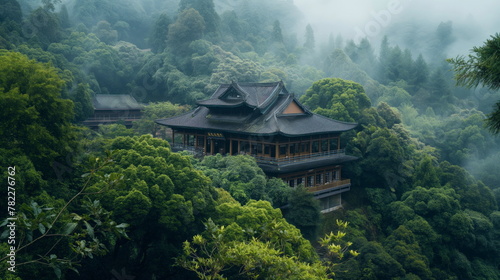 Buddhist temple nestled in lush greenery