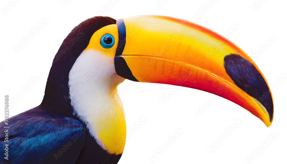 Toucan beak bold and colorful close up, isolated on a white backdrop. - obrazy, fototapety, plakaty 