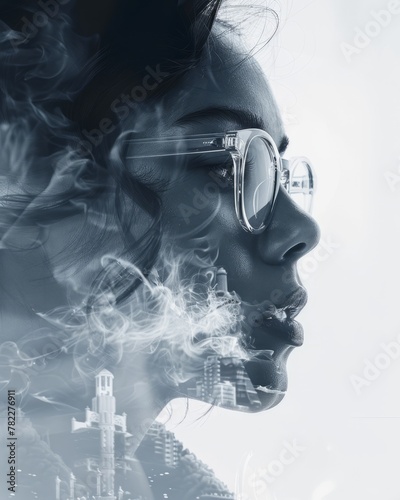 Portrait of a young woman with glasses and smoke