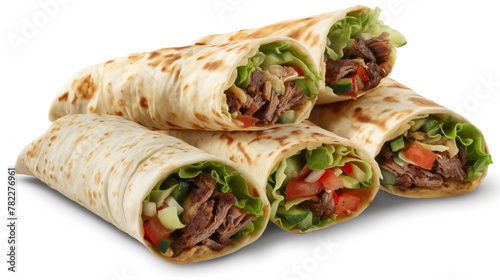 Succulent shawarma, filled with grilled meat and vibrant veggies, artfully presented on a rustic board