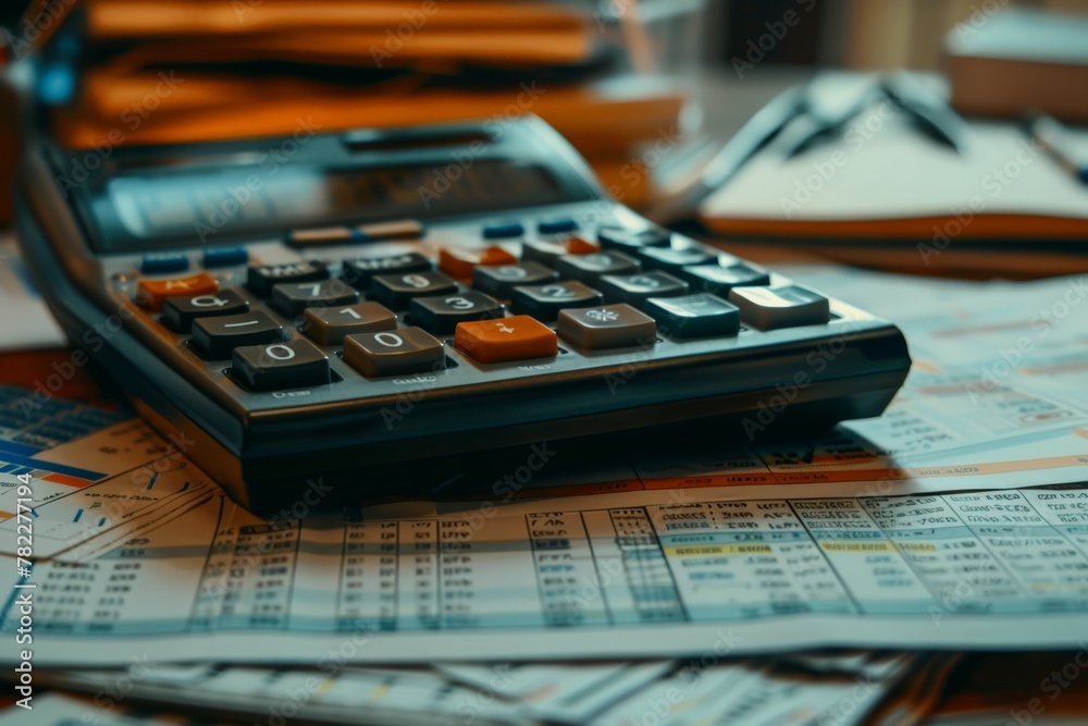 Dark calculator on assorted financial charts, paperwork underneath, illustrates in-depth asset management or cost analysis. Electronic calculator set on varied economic diagrams, papers below Dark calculator on assorted financial charts, paperwork underneath, illustrates in-depth asset management or cost analysis. Electronic calculator set on varied economic diagrams, papers below