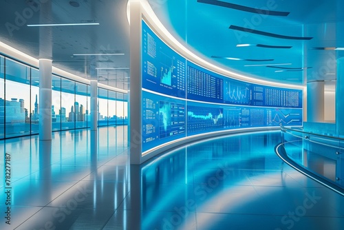 High-tech renewable energy monitoring center, with large screens and a futuristic blue glow, Sleek, modern command center overlooking cityscape. Wide panoramic screens display data charts,