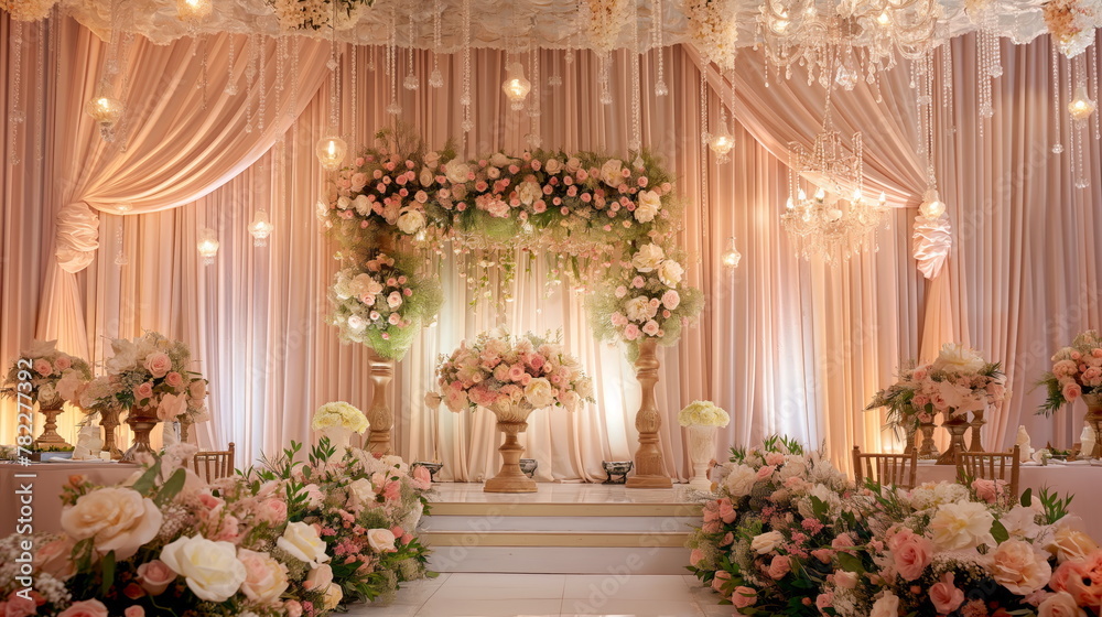 Elegant Wedding Decor, Luxurious wedding reception setup with floral arrangements and candles