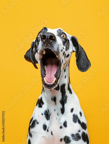 Comically shocked dolmatian with wide open mouth creates a humorous image on a bright solid color background photo