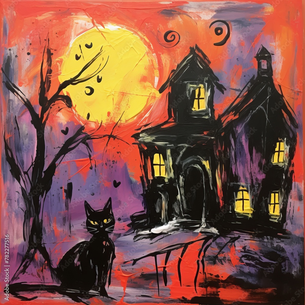 Black cat and haunted house with yellow full moon