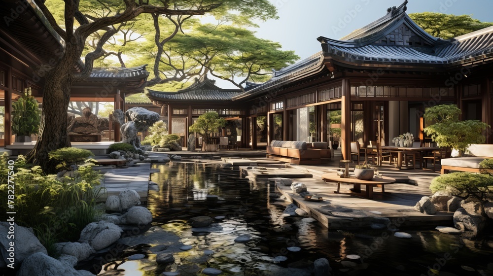 Courtyard with a pond and a house in the background Courtyard with a pond and a house in the background