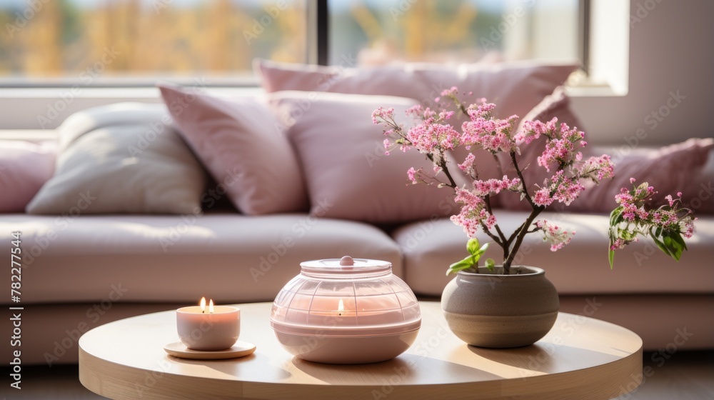 A beautiful living room with a pink sofa, a coffee table, a vase of flowers, and a candle