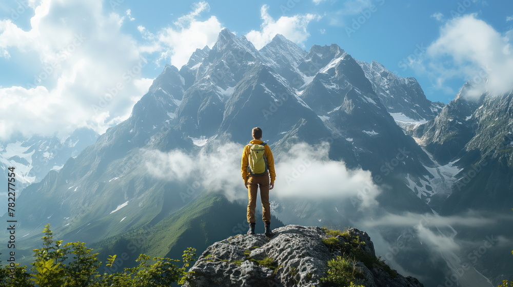 Exploring Nature Wonders, Adventurous hiker admiring majestic mountain views on a hike