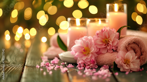 Serene day spa setting with lit candles  soft towels  and delicate pink flowers for relaxation.