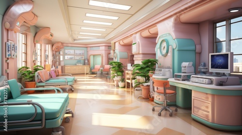 A retro hospital room with pink and green walls and furniture