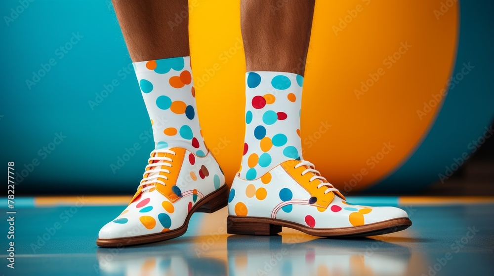 A person wearing colorful polka dot socks and white shoes A person wearing colorful polka dot socks and white shoes