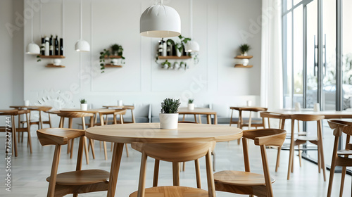 Round table and chairs made of wood in the interior design. White walls in a modern dining area. Interior design for a cafe  bar or restaurant