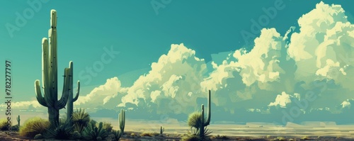 Desert landscape with large cactus and expansive clouds