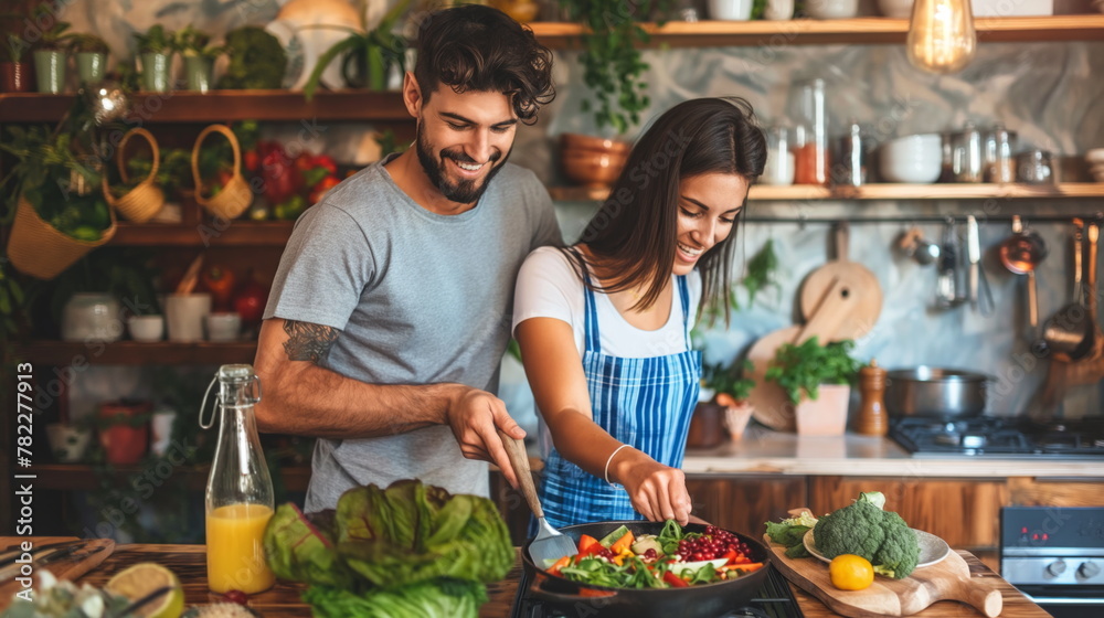 Portrait Smiling Couple Preparing Colorful Plant-Based Meal in Modern Kitchen, Healthy Cooking at Home