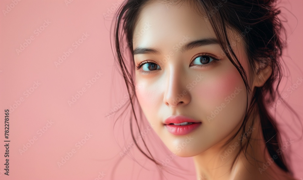 Portrait of a young beautiful Asian woman with perfectly healthy clean skin on a pink background. Horizontal beauty banner skin care concept with space for text. Portrait of a young beautiful Asian woman with perfectly healthy clean skin on a pink background. Horizontal beauty banner skin care concept with space for text.
