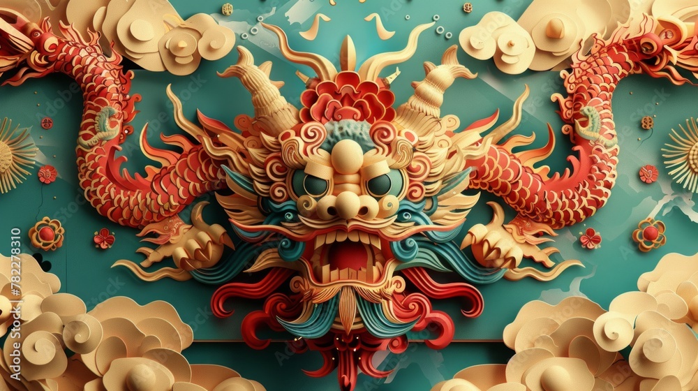 Fototapeta premium A 3D illustration of a traditional Chinese dragon with vibrant colors and intricate details
