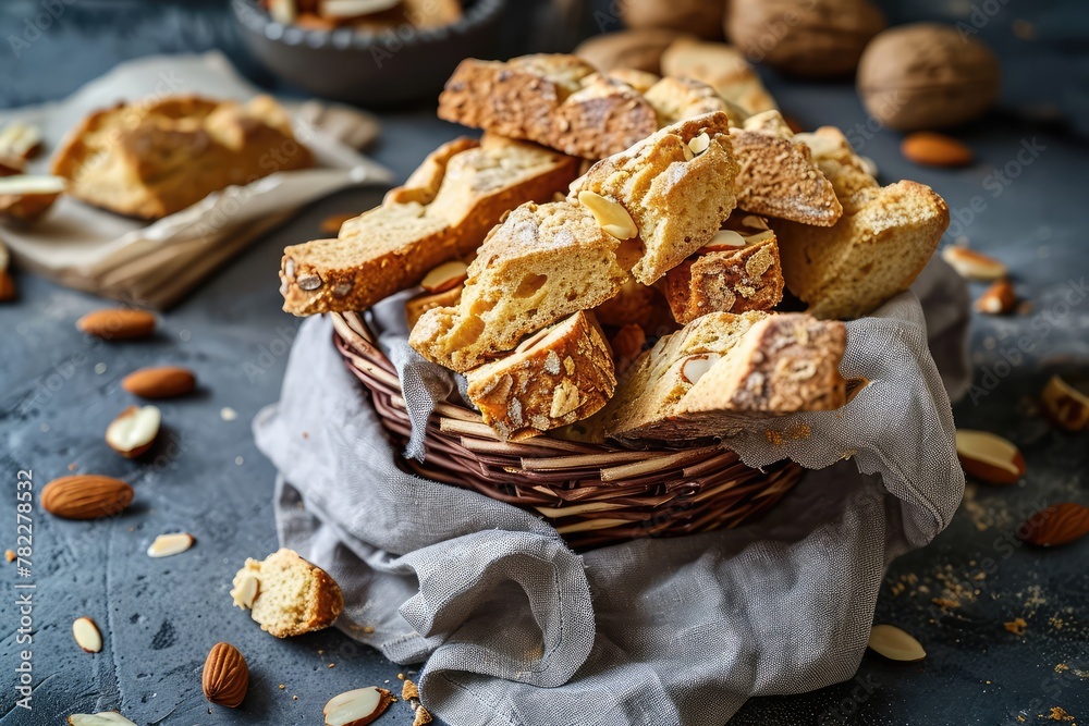 Biscotti di prato on a grey napkin background. Pile of traditional italian cantuccini nuts cookies Biscotti di prato on a grey napkin background. Pile of traditional italian cantuccini nuts cookies