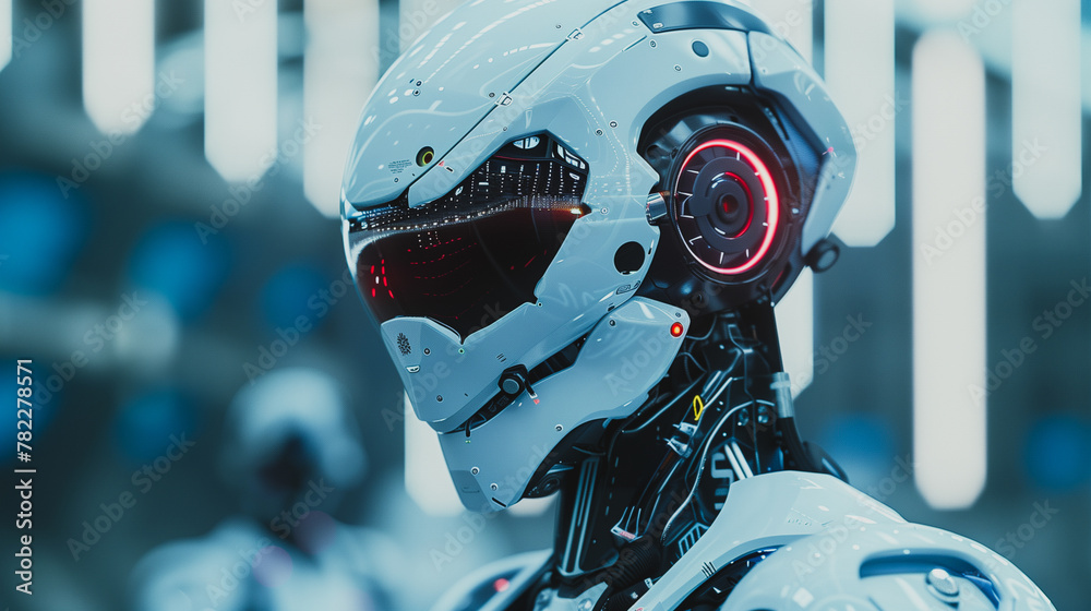 A robot with a white helmet and red earphones A robot with a white helmet and red earphones