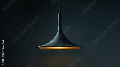 Minimalist pendant lamp with warm light against a dark background photo