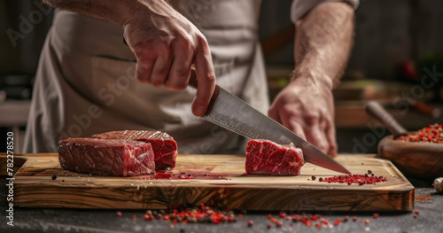 primer plano de un cocinero con delantal beige  y sus manos cortando carne cruda de ternera, sobre fondo de cocina soleada al atardecer desenfocada. photo