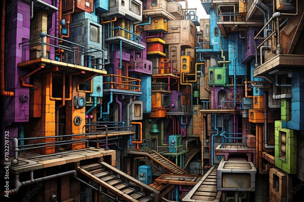 A digital painting of a colorful and intricate city