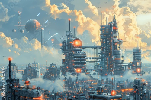 Dawn casts over futuristic city, giant structures, and intricate machinery, blending industry with dreamlike fantasy. Graphic illustration of futuristic solar panels integrated into urban landscapes