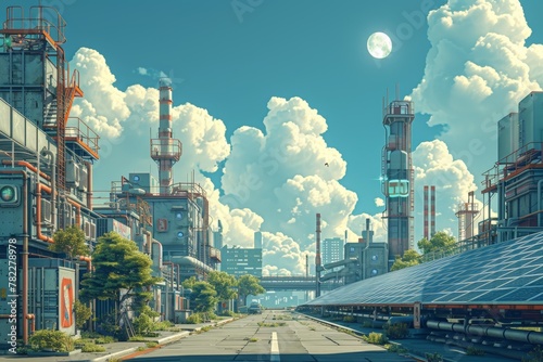 Industrial facility solar panels amidst vegetation, clean streets under skies, utopian vision of urban sustainability. Graphic illustration of futuristic solar panels integrated into urban landscapes © Thaniya