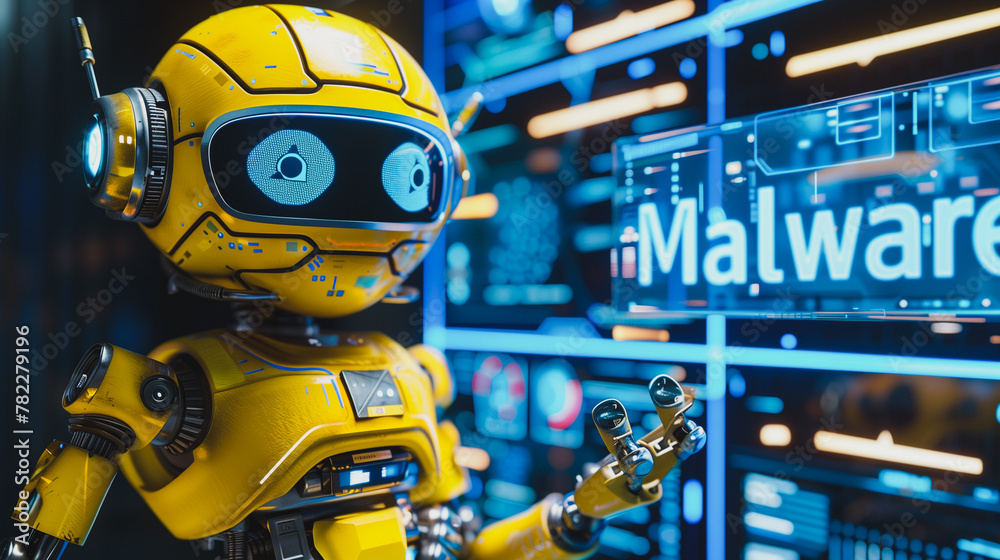 A robot is holding a sign that says Malware A robot is holding a sign that says Malware