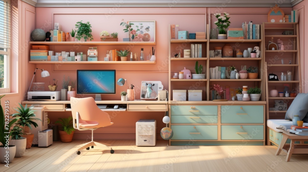 Fototapeta premium A cozy home office with a large desk, a comfortable chair, and plenty of storage space