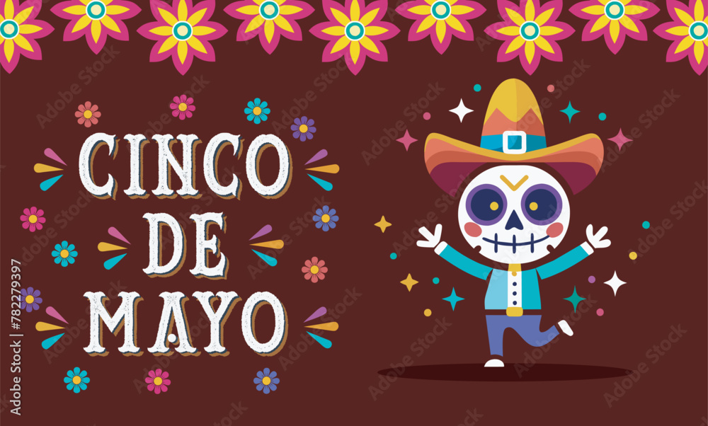 Dancing skeleton. Dia de los muertos. Dead day party, sugar skull. Cinco de mayo vector illustration for wishes, greeting, advert