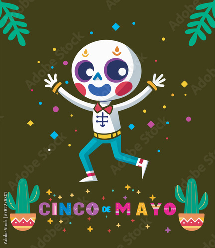 Dancing skeleton. Dia de los muertos. Dead day party, sugar skull. Cinco de mayo vector illustration for wishes, greeting, advert