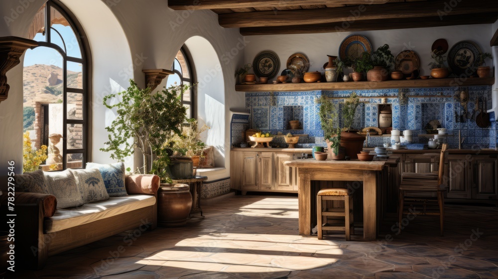 A beautiful Mediterranean style kitchen with a large window