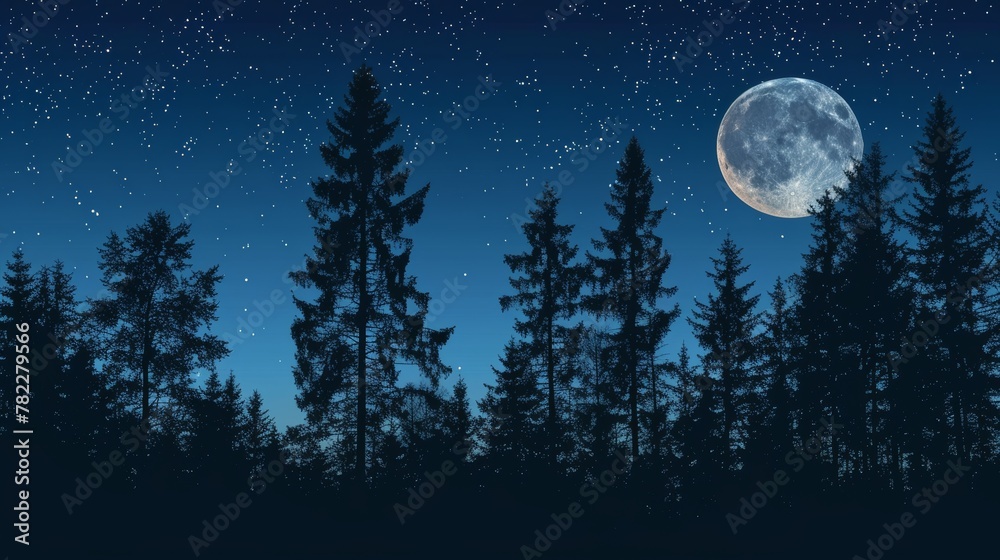 Full moon over a forest at night