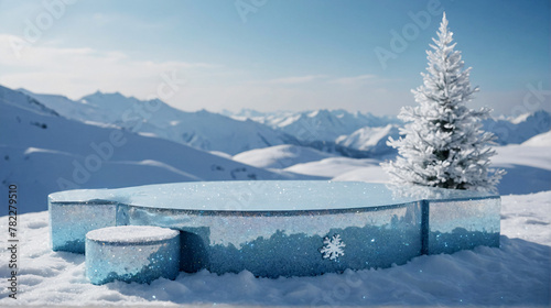 Ice podium for winter product display with frozen mountain landscape in the background. Podium stage with snow © CreativeMania