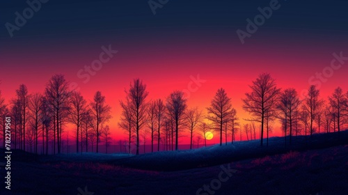 Sunset over a serene landscape with silhouetted trees