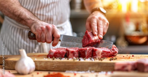 primer plano de un cocinero con delantal claro con raya y sus manos cortando carne cruda de ternera, sobre fondo de cocina soleada al atardecer desenfocada. photo