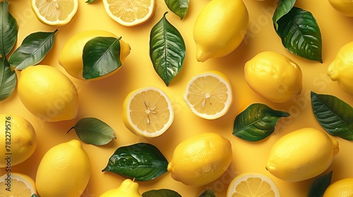 A banner with lemons on a yellow background top view. Horizontal photo with lemons and leaves. © Ekaterina Chemakina