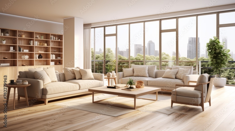 Fototapeta premium Airy and bright living room with large windows and a city view