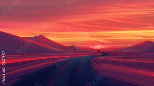 Vibrant sunset over desert landscape with winding road