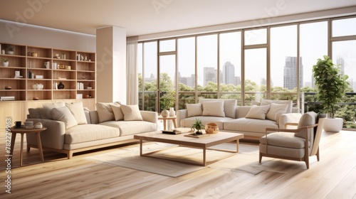 Airy and bright living room with large windows and a city view